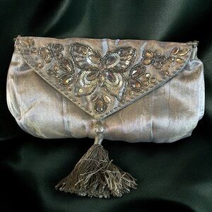 Vintage Accessorize Y2K Butterfly Embellished Sequin Beaded Tassel Silver Purse